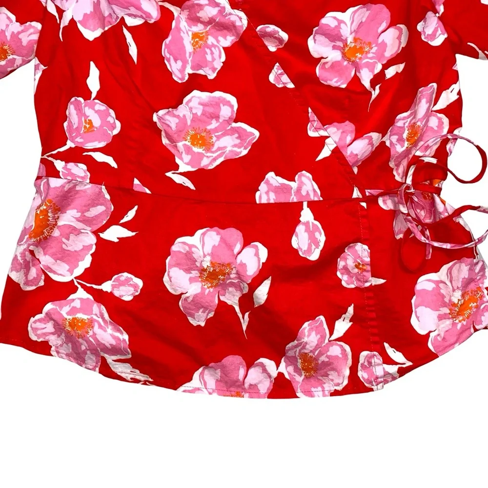 Old Navy Floral Wrap Blouse Puff Sleeves Large Red Cotton Lightweight V Neck